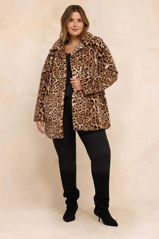 Plus Size  EVANS Curve Natural Brown Leopard Print Faux Fur Coat