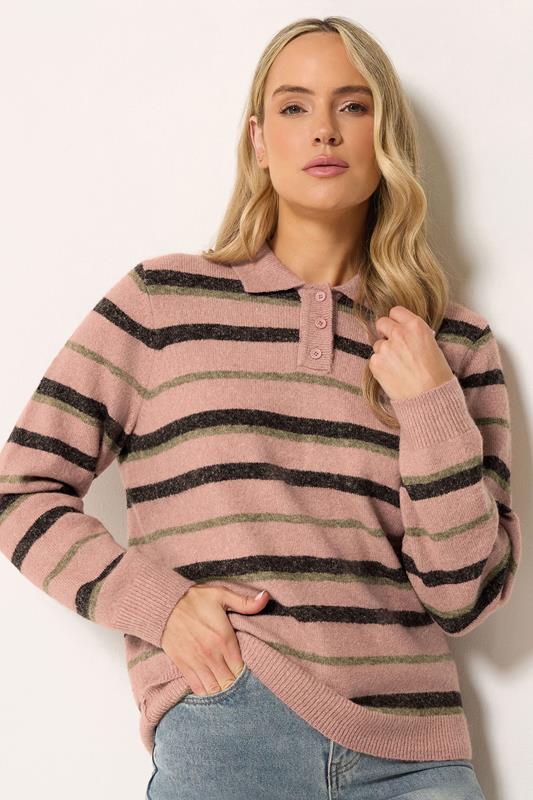 LTS Tall Women's Pink Stripe Knitted Polo Jumper | Long Tall Sally 1