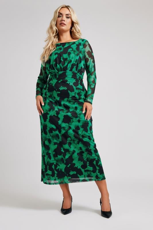 Plus Size  YOURS LONDON Curve Green Blur Floral Print Mesh Maxi Dress