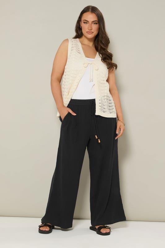 YOURS Plus Size Black Cheesecloth Beaded Wide Leg Trousers | Yours Clothing 2