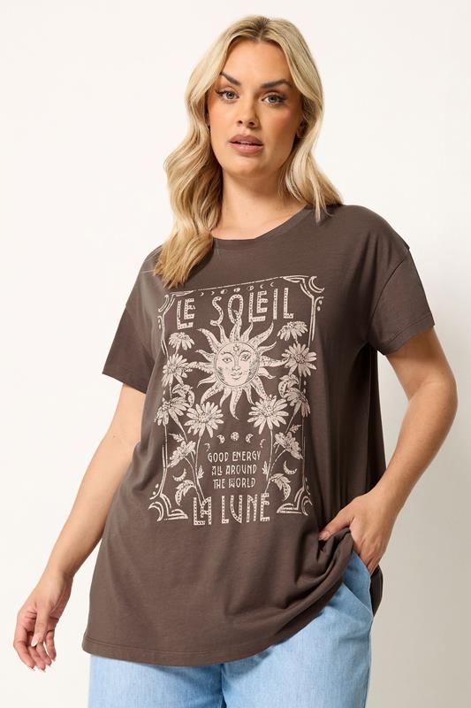YOURS Plus Size Brown 'Le Soleil' Sun T-Shirt | Yours Clothing 1