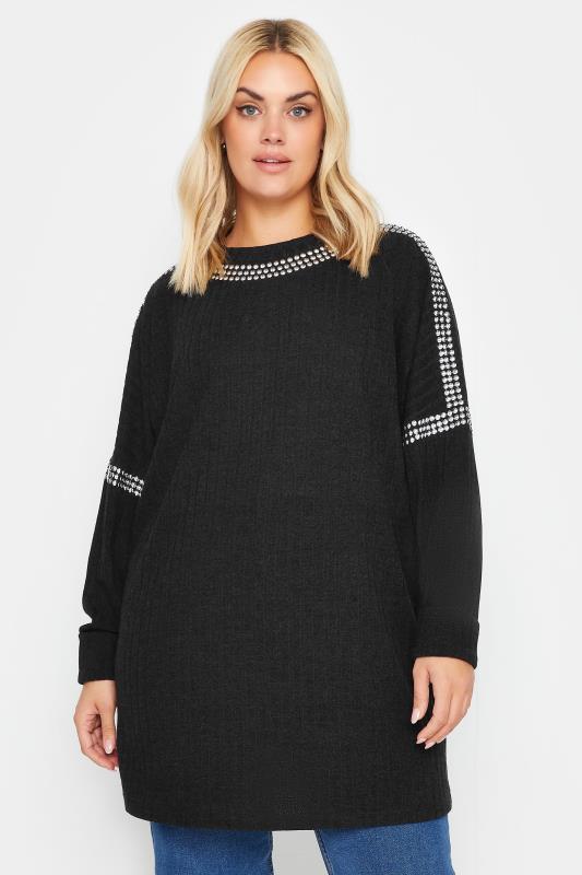 YOURS Plus Size Black Stud Neckline Embellished Jumper | Yours Clothing 1