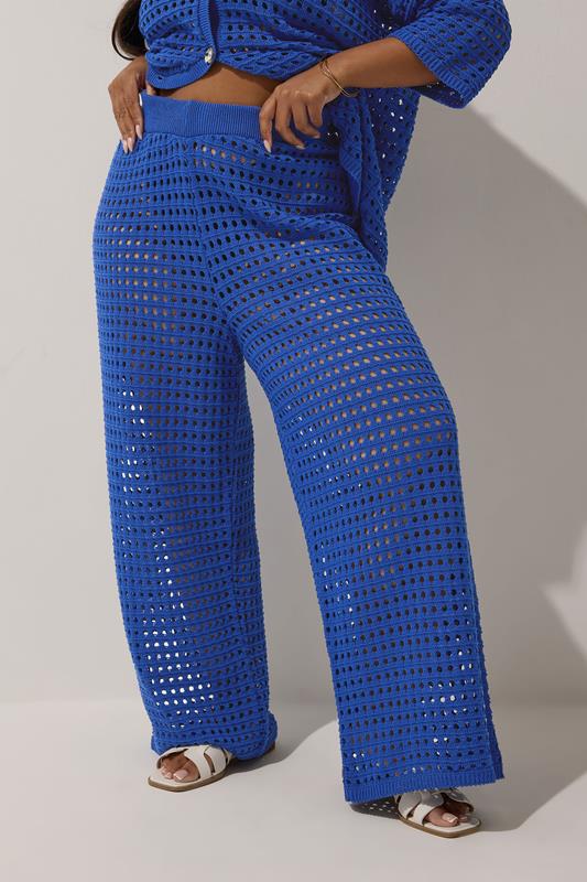 LIMITED COLLECTION Plus Size Cobalt Blue Crochet Wide Leg Trousers | Yours Clothing 2