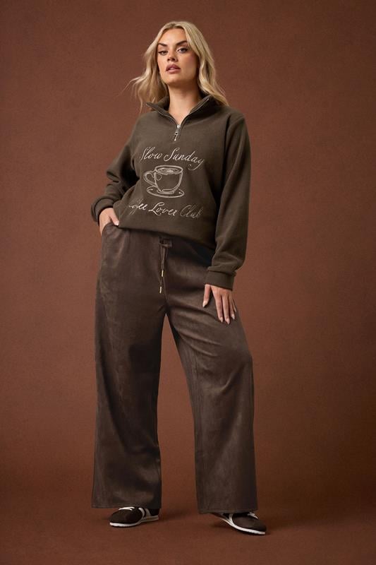 YOURS Curve Chocolate Brown Faux Suede Wide Leg Trousers