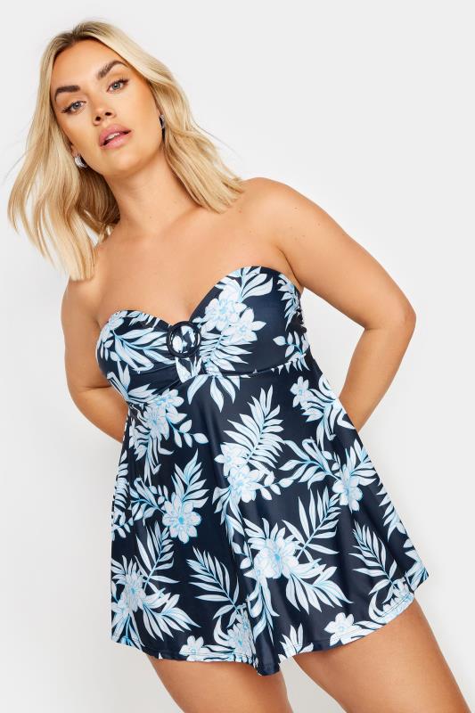 YOURS Plus Size Blue Floral Print Tummy Control Swim Dress | Yours Clothing 2