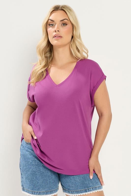 YOURS Plus Size Dark Purple V-Neck Basic T-Shirt | Yours Clothing 1
