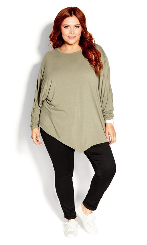 Simple Batwing Top Olive Sleeve Slouch Relaxed Lounge Stretch Soft 3