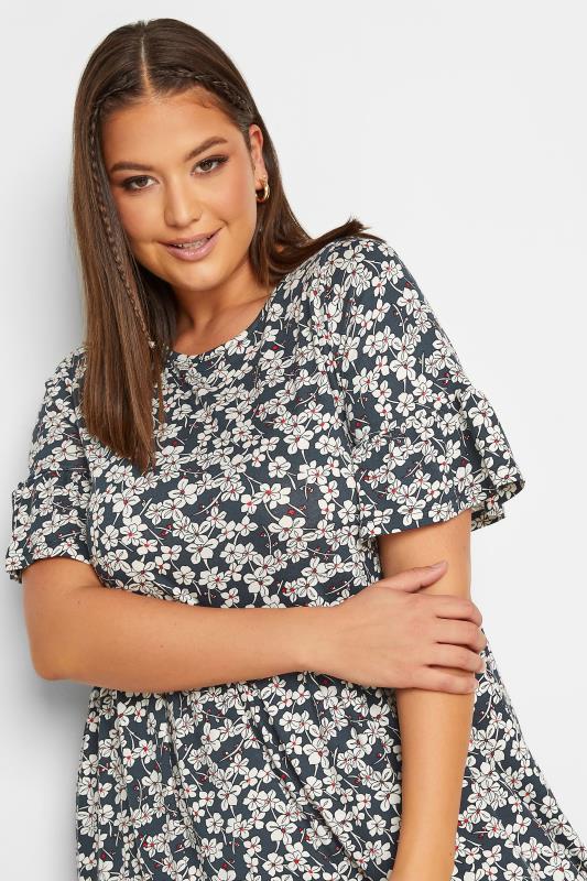 YOURS Curve Plus Size Navy Blue Ditsy Floral Print Smock Tunic Dress | Yours Clothing  4