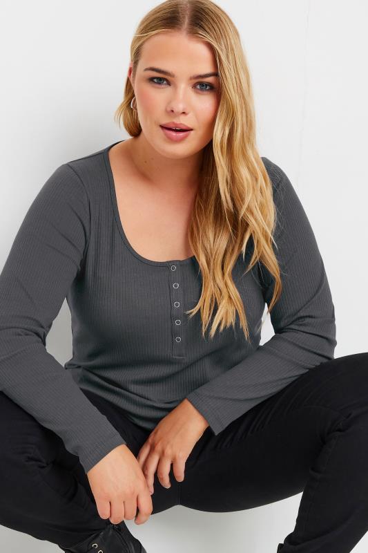 YOURS Plus Size Charcoal Grey Ribbed Popper Fastening Top | Yours Clothing 4