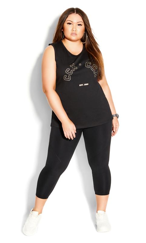 Plus Size Black Sleeveless Crew Neck Relaxed Fit Workout Active wear Step Down Tank Top 1