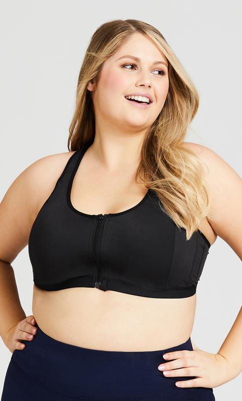 Plus Size Soft Lined Active Zip Wired Concealed Black Bra