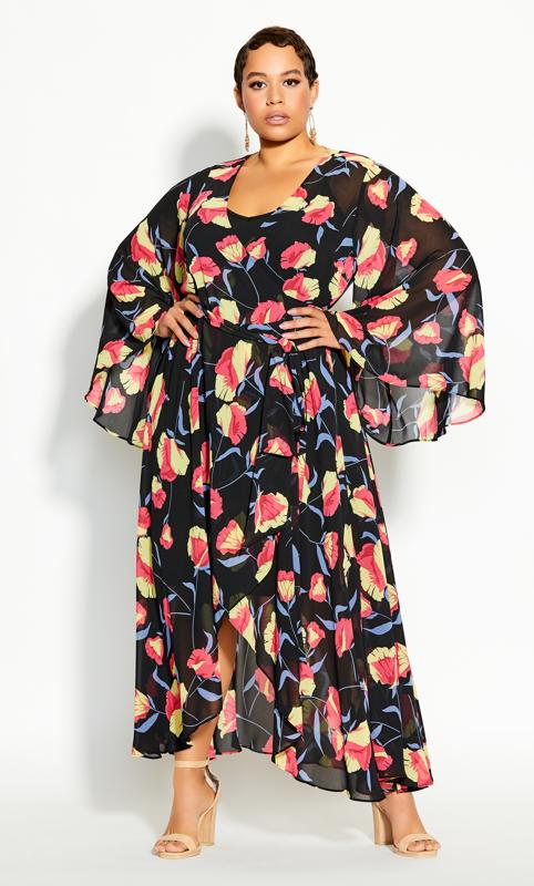 Black Floral Print Flare Sleeves Vixen Wrap Maxi Dress 1