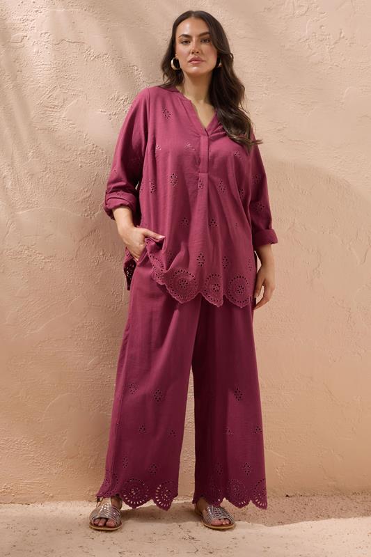 Plus Size  EVANS Curve Burgundy Red Broderie Hem Linen Trousers