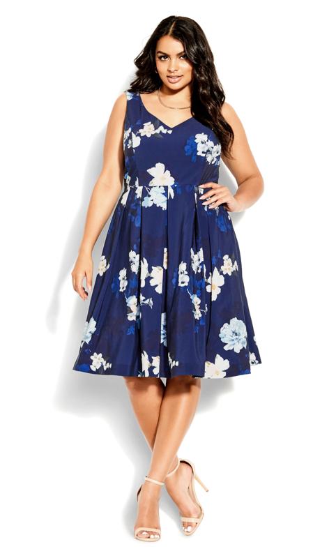 City Chic Navy Blue Orchid Floral Skater Dress 1