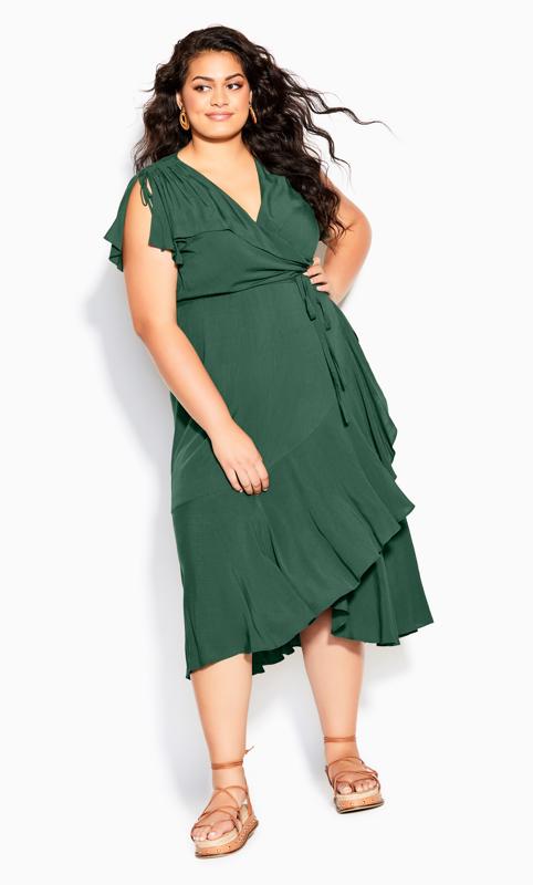 Plus Size Palm Love Ruffle Wrap Maxi Dress Jungle Green 1