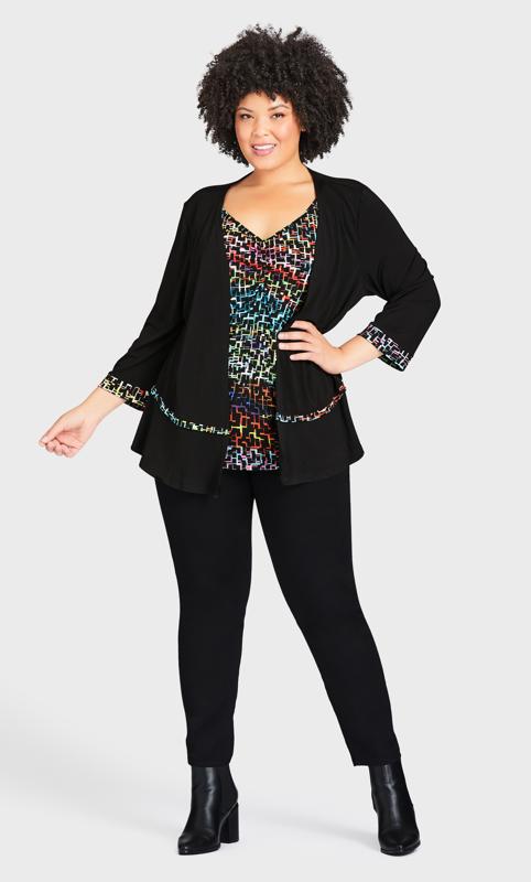Plus Size Abstract Duet Top Jigsaw Multicolour Print Attached Black Cardigan 2