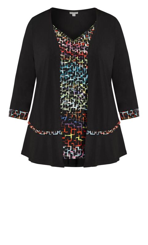 Plus Size Abstract Duet Top Jigsaw Multicolour Print Attached Black Cardigan 5