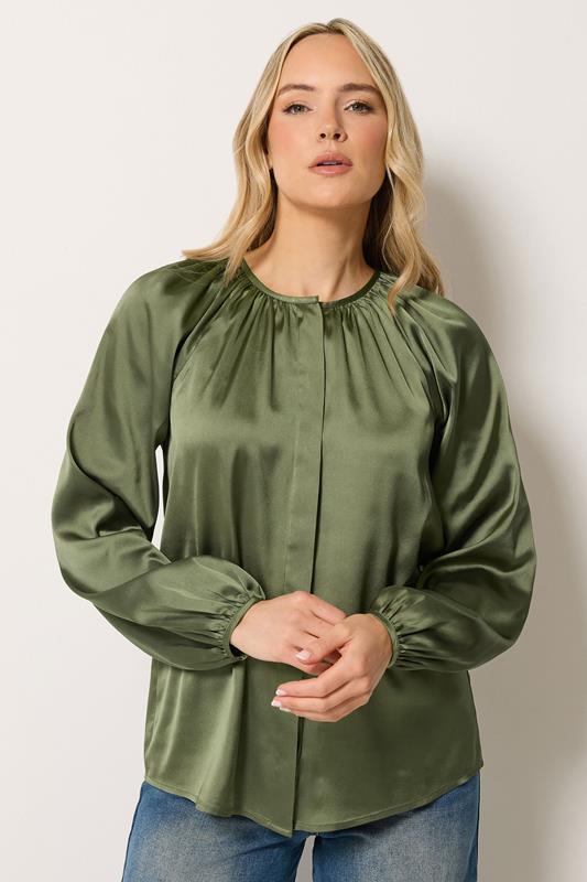 LTS Tall Women's Khaki Green Satin Button Top | Long Tall Sally 1