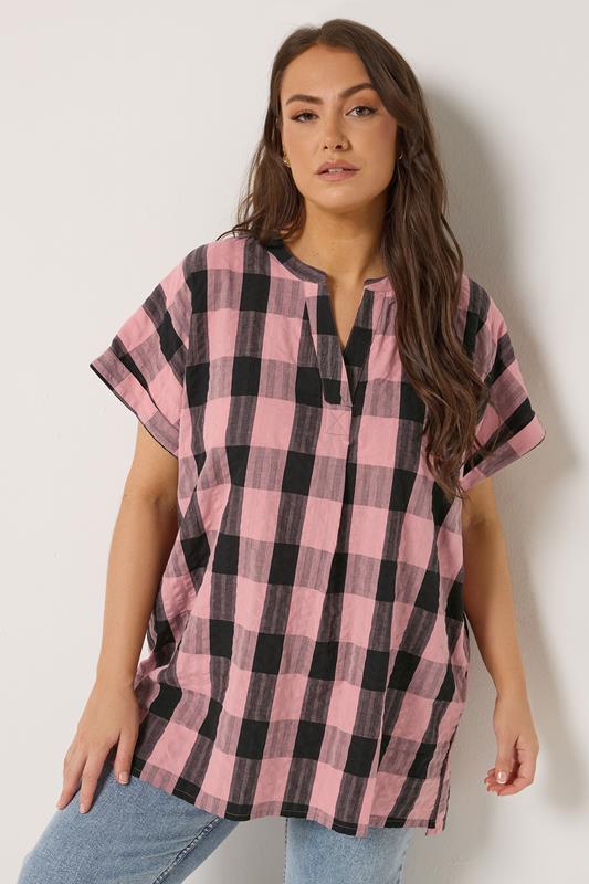 YOURS Curve Pink & Black Check Overhead Half Placket Shirt