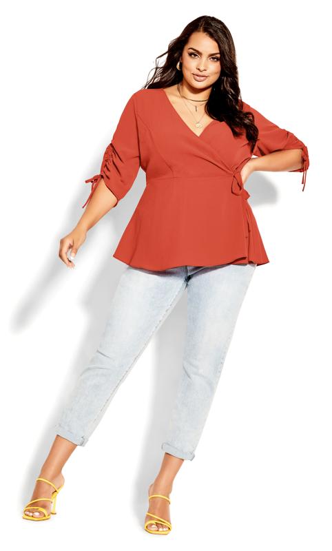 Plus Size  City Chic Coral Orange Ruched Sleeve Wrap Top