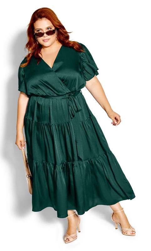 Plus Size  City Chic Green Satin Tiered Wrap Maxi Dress