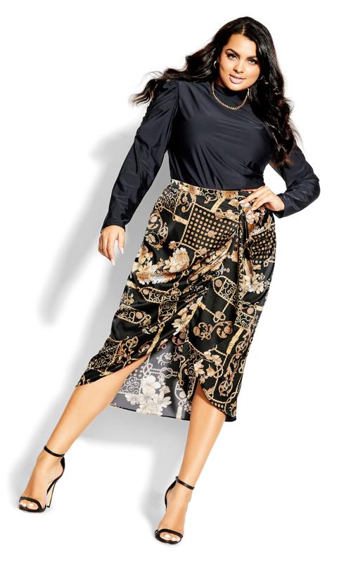 Plus Size  City Chic Black & Gold Mixed Print Midi Wrap Skirt