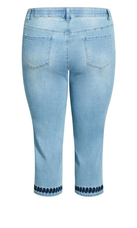 Avenue Blue Light Wash Denim Embroidered Hem Cropped Jeans 7