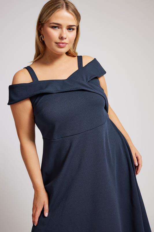 YOURS LONDON Plus Size Navy Blue Bardot Dipped Hem Dress | Yours Clothing 2