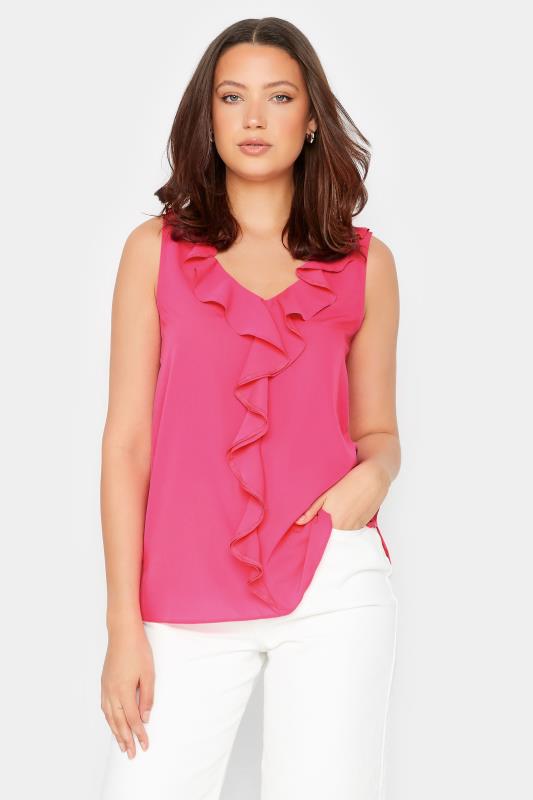 LTS Tall Hot Pink Ruffle Front Sleeveless Top | Long Tall Sally  1