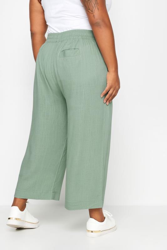YOURS Plus Size Sage Green Wide Leg Cropped Linen Trousers | Yours Clothing 3