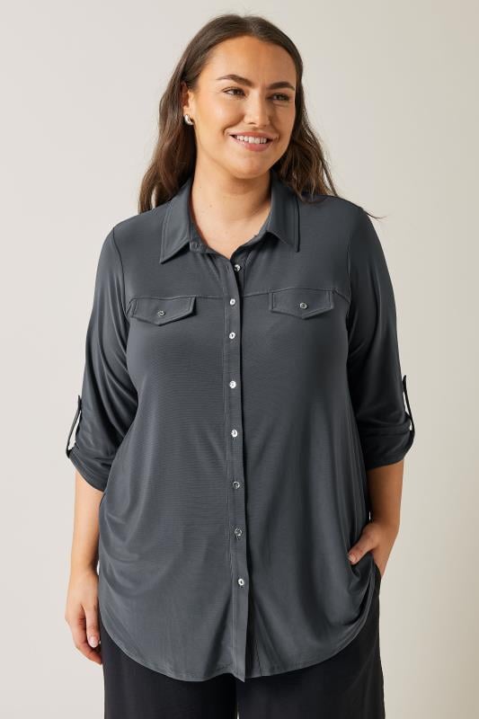 Plus Size  EVANS Curve Charcoal Grey Tab Sleeve Blouse