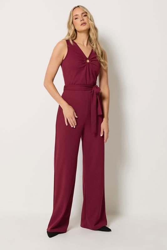  LTS Tall Berry Red Belted Scuba Wide Leg Jumpsuit