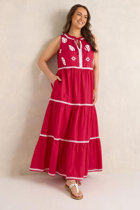  EVANS Curve Red Embellished Cotton Maxi Dress