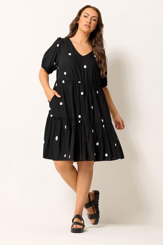 YOURS Curve Black Polka Dot Tiered Smock Dress