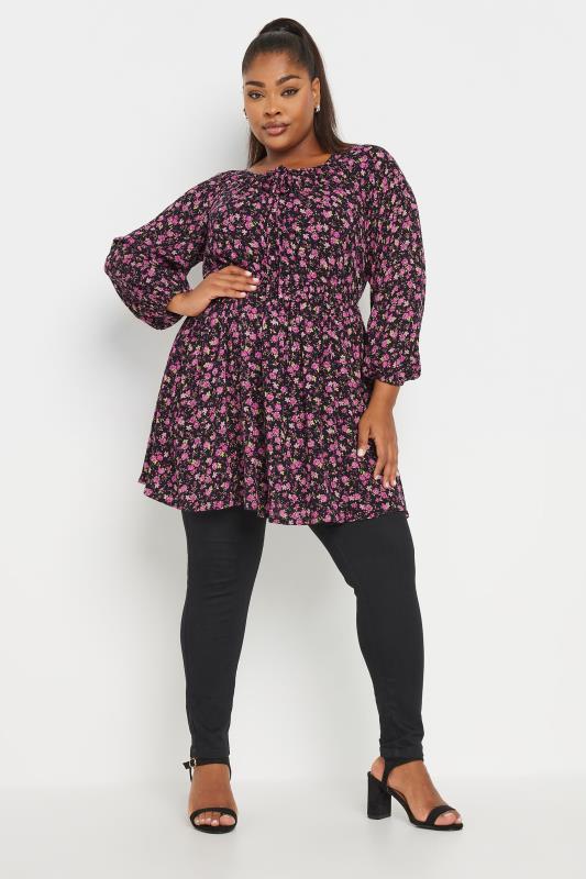 YOURS Plus Size Black Floral Crinkle Tie Neck Blouse | Yours Clothing  3