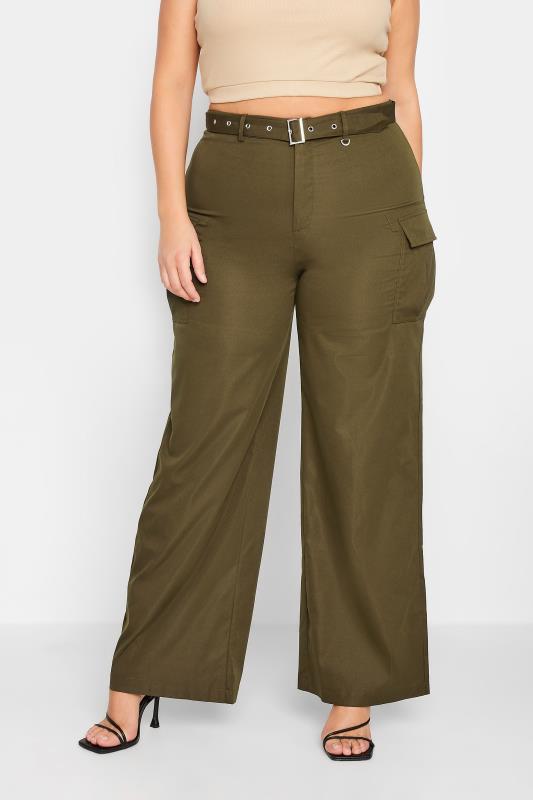 LTS Tall Khaki Green Belted Wide Leg Cargo Trousers | Long Tall Sally 1