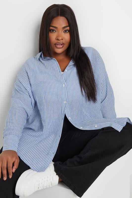 YOURS Plus Size Blue Pinstripe Linen Shirt | Yours Clothing  1