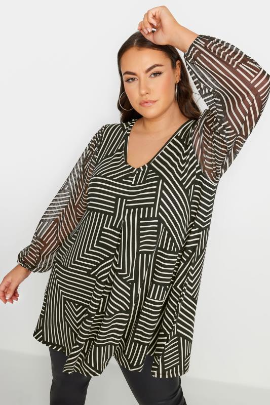 YOURS Plus Size Black Geometric Print Mesh Swing Top | Yours Clothing 1
