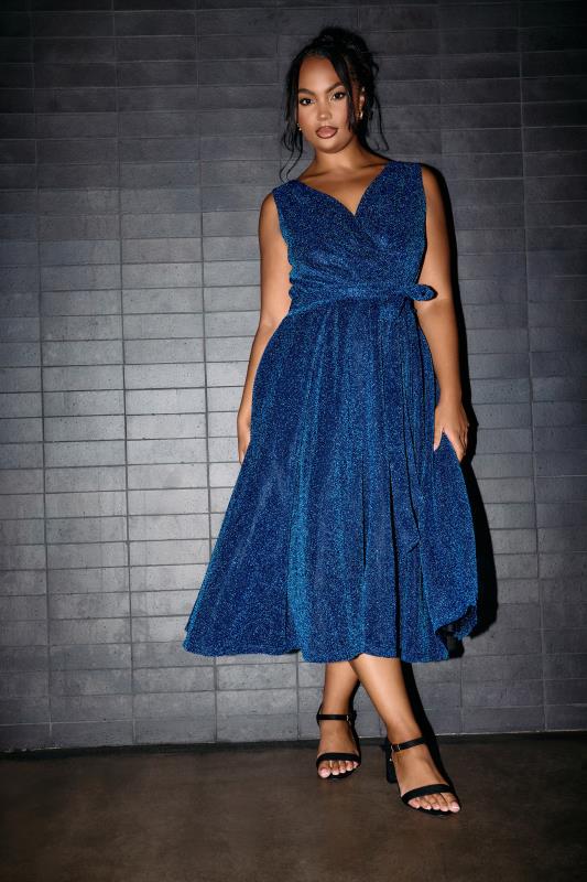 Plus Size  YOURS LONDON Curve Blue Metallic Wrap Skater Dress