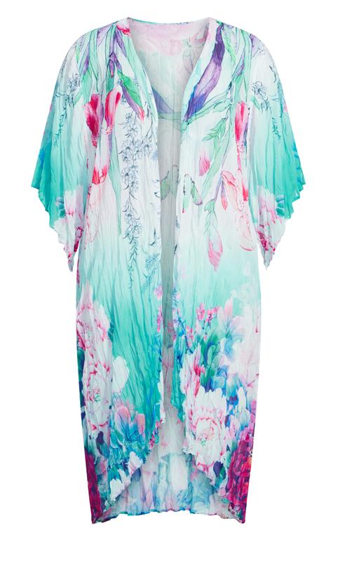 Avenue White & Aqua Blue Floral Print Kimono 3