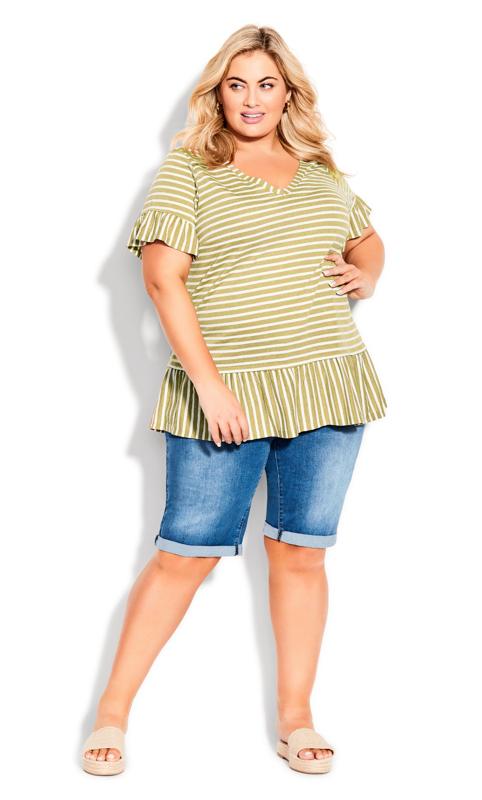 Evans Olive Green Stripe Frill Hem Short Sleeve T-Shirt 2