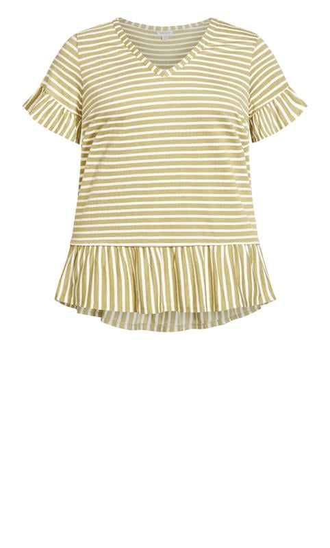 Evans Olive Green Stripe Frill Hem Short Sleeve T-Shirt 5