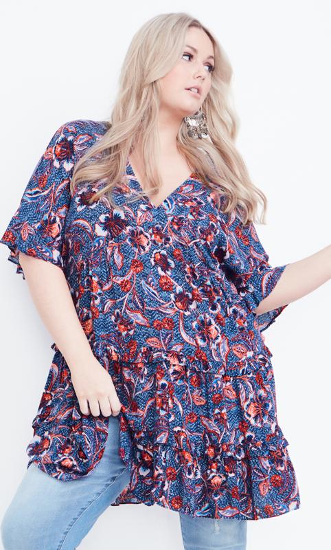 Evans Navy Blue Floral Print V-Neck Frill Tiered Tunic 2