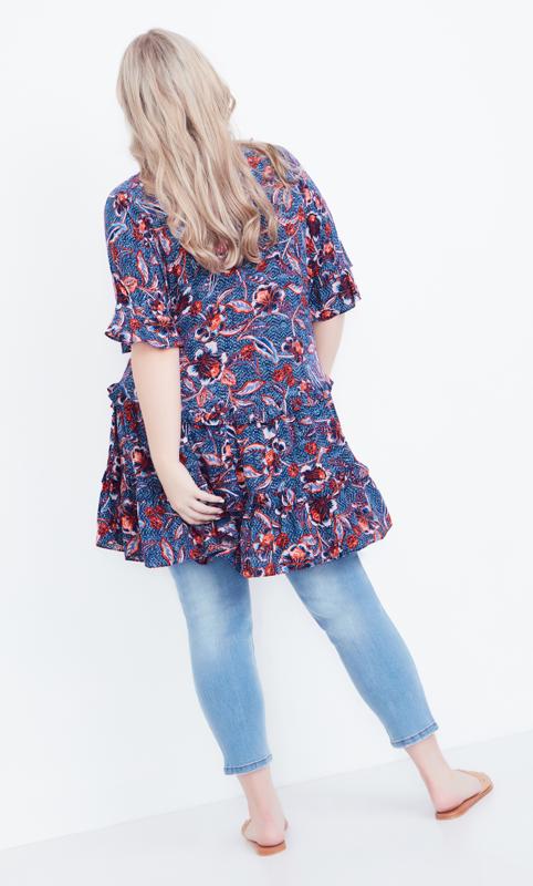 Evans Navy Blue Floral Print V-Neck Frill Tiered Tunic 4