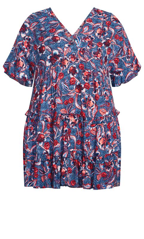Evans Navy Blue Floral Print V-Neck Frill Tiered Tunic 6