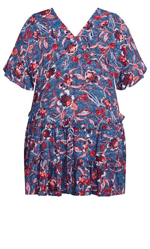 Evans Navy Blue Floral Print V-Neck Frill Tiered Tunic 7