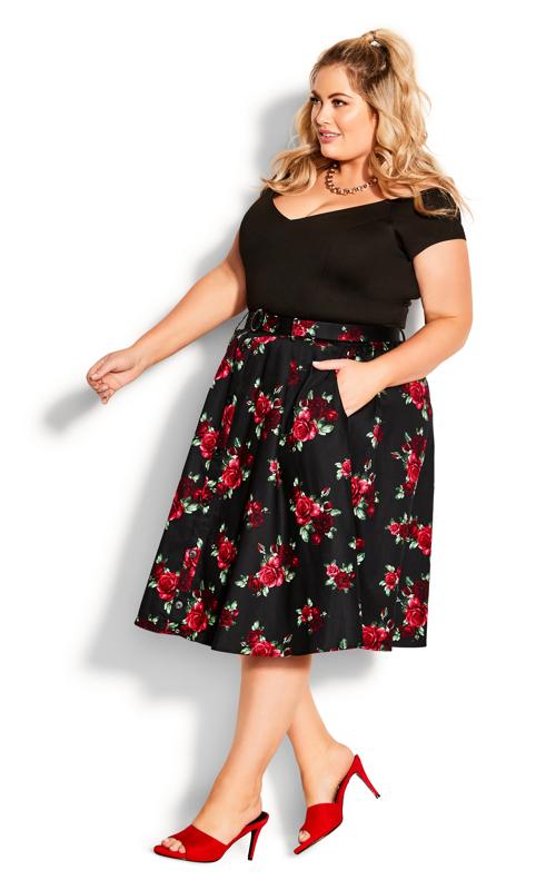 Plus Size  City Chic Black Rose Print Skirt