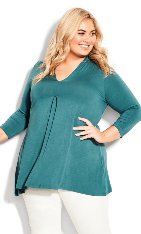 Evans Teal Green Long Sleeve Pleat Front Top 1