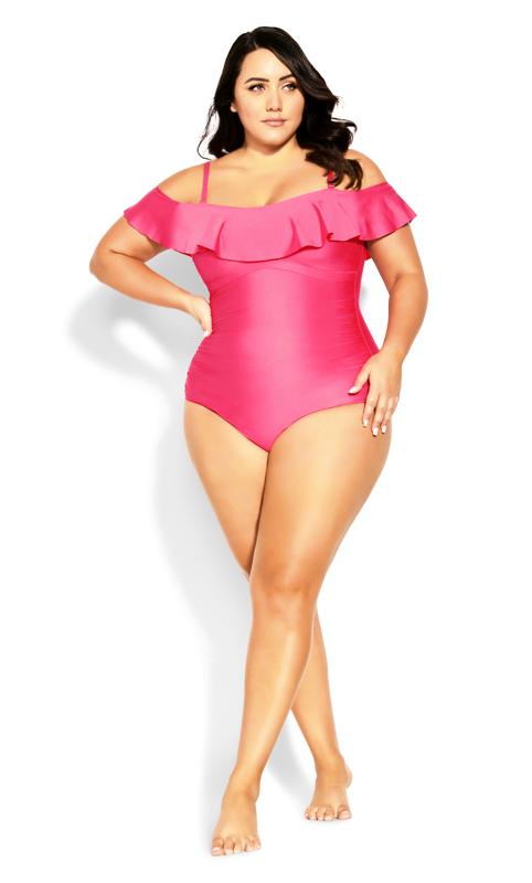 Plus Size  City Chic Pink Frill Bardot Swimsuit