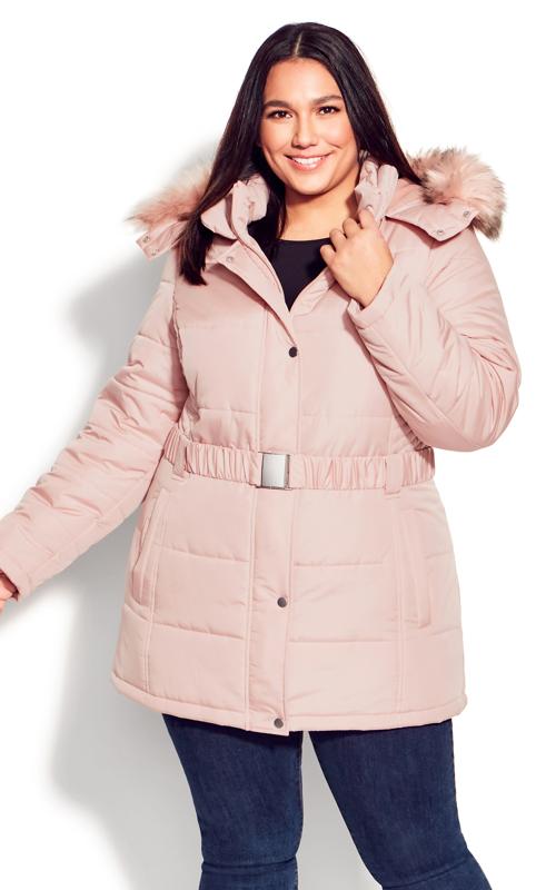 Plus Size  Avenue Pink Puffer Belted Hood Coat